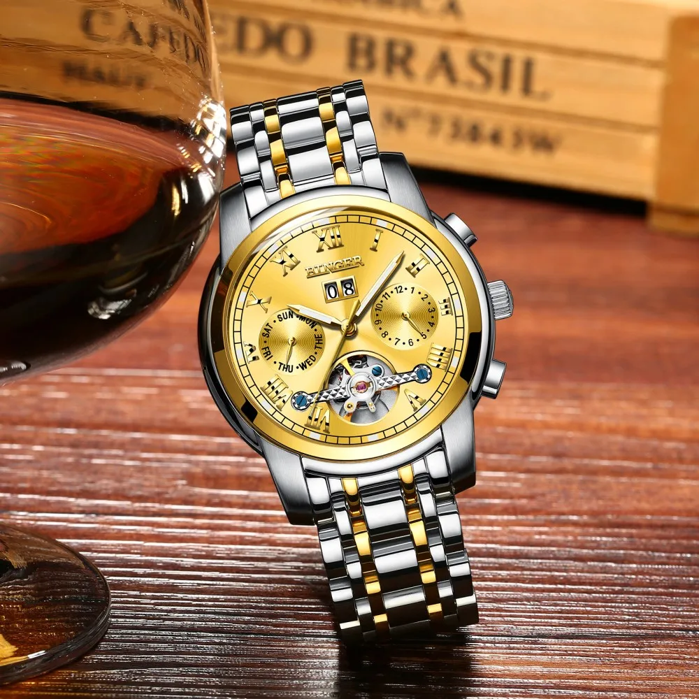 Роскошные золотые часы для мужчин швейцарские механические BINGER Tourbillon
