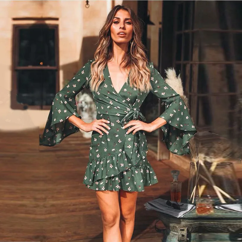 yinlinhe White Floral Autumn Dress Long Flare Sleeve Slim Waist Women Wrap Dress Bow Tie V neck Bodycon Ruffles Vestido 5