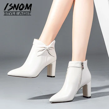 

ISNOM Cow Leather Women Ankle Boots Pointed Toe Zip Footwear Office Female Boots Butterfly Knot High Heels Shoes Woman Winter