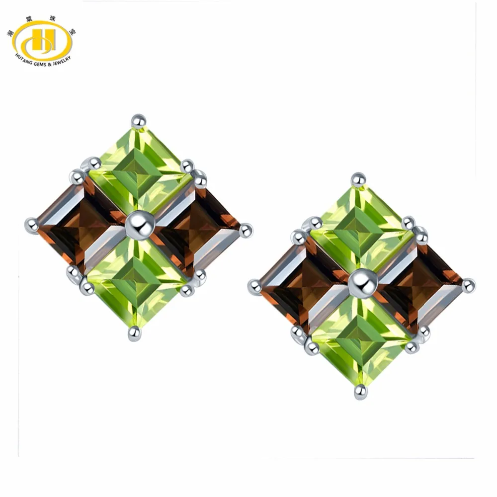 

Hutang Stud Earrings Natural Gemstone Smoky Quartz & Peridot Solid 925 Sterling Silver Fine Stone Jewelry For Women's Gift NEW