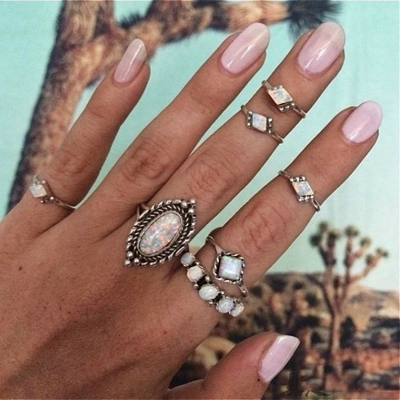 

7 Pcs / Set Bohemia Women's Fashion silver Natural Fire Opal Ring Rain Drop Ring Wedding Engagement Jewelry Simple Rings Set