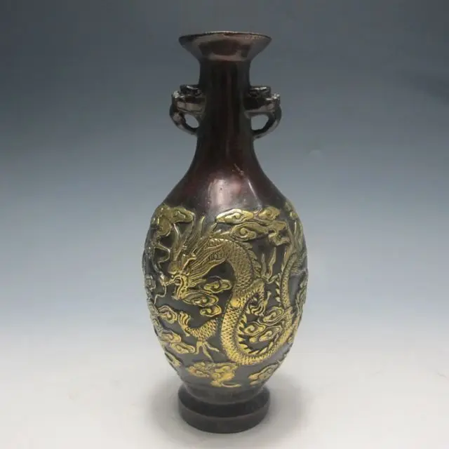 

Elaborate Chinese Copper Gilt Hand-carved Dragon & Phoenix Binaural Vase with Oianlong Mark