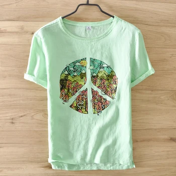 

Spain fresh green pure linen t shirt mens summer solid t-shirt men brand short sleeve fashion men tshirt flax casual tshrits men