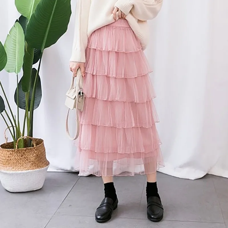 

2019 Summer High Waist Women Sweet Cake Layered Long Mesh Skirts Princess Ruffled Vintage Tiered Tulle Pleated Skirts