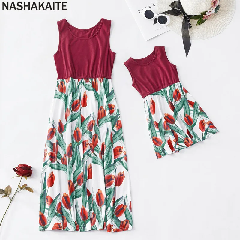 NASHAKAITE/платья для мамы и дочки; коллекция года; Летнее Длинное платье без рукавов с круглым вырезом и цветочным рисунком; платье для всей семьи; одежда «Мама и я»
