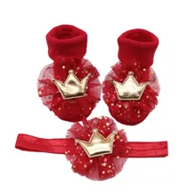 Большая бархатная повязка-стрейч на голову для малышей, мягкие Нескользящие хлопковые носки с цветочным принтом и короной детские головные уборы из 2 предметов
