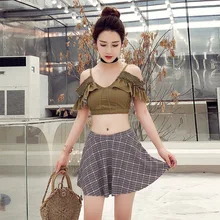 Танкини женский купальник из двух частей девушки бикини юбка три сетки полиэстер плед Танкини женщины