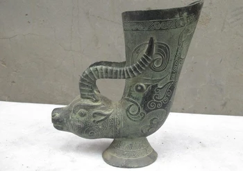 

Chinese Folk old Bronze copper Carved Ox horn Beast Wine cup statue