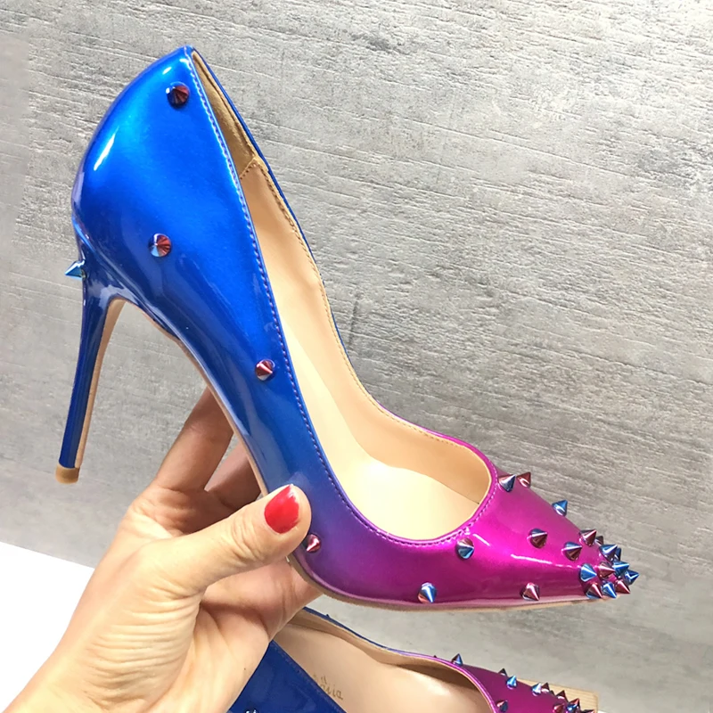 

Blue Woman high heel Rivet Decor Pointed Toe Sexy Pump Thin heel female dress shoes stiletto heels OL outfit slip-on party shoes