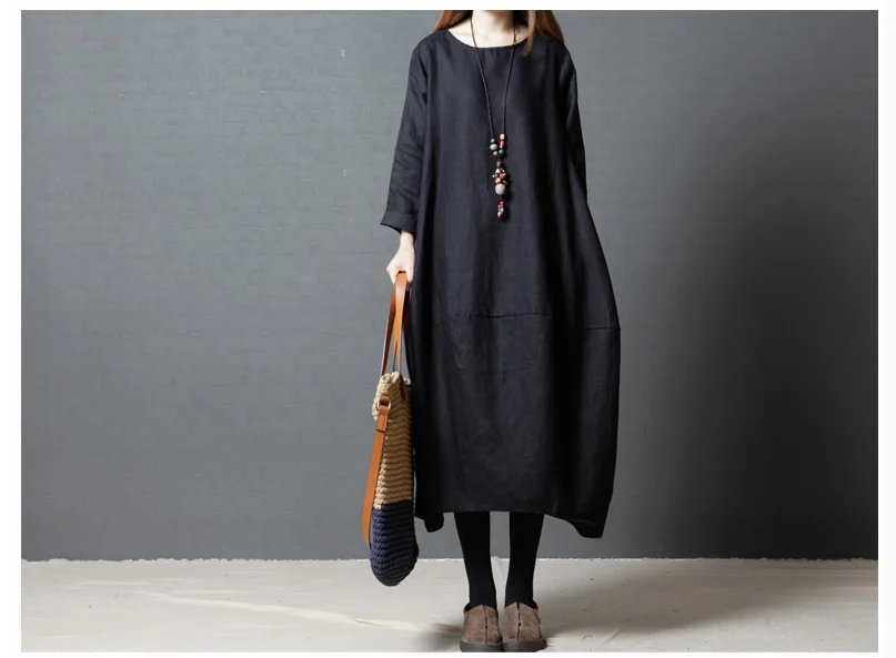 5007 Cotton Linen Dress Fabric Women Autumn Dress 2018 Plus Size Long Sleeve Oversize Casual Black Maternity Linen Dress Maxi Vintage 8