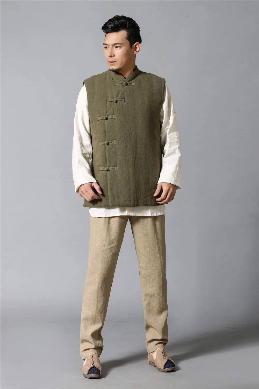 Китайский стиль старинные чистый лен Для мужчин жилет осень-зима хлопковой подкладкой жилеты 2 цвета 3 размера
