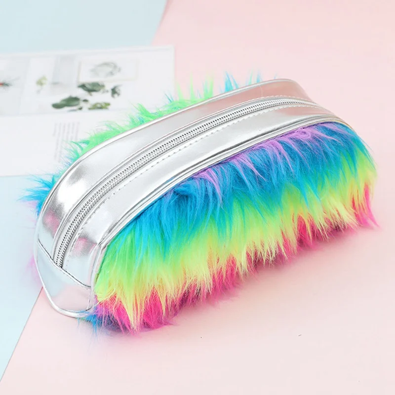

Women Fashion Cosmetic Bag Rainbow Faux Fur Makeup Case Ladies Travel Storage Wash Bag Organizer make up Beauty Pouch Handbag