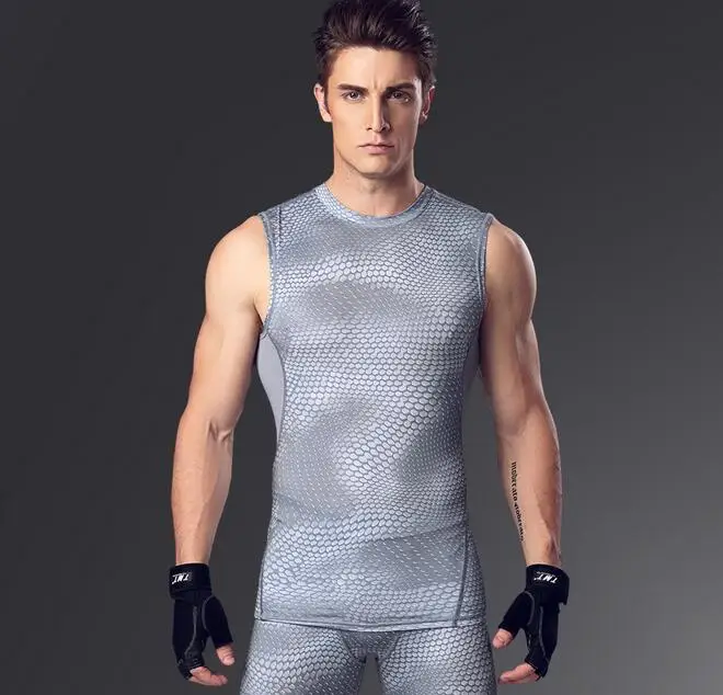 gray white Для Мужчин's высокоэластичные колготки без рукавов топы body shaper Фитнесс Бодибилдинг безрукавки для быстрое высыхание жилеты MA21 - Цвет: gray white