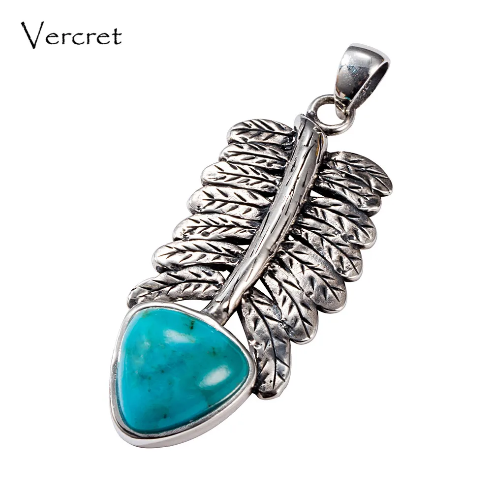 

Vercret Vintage Bohemia Turquoise Necklace Pendents for Women Real 925 Sterling Silver Feather Pendent Gift Jewelry