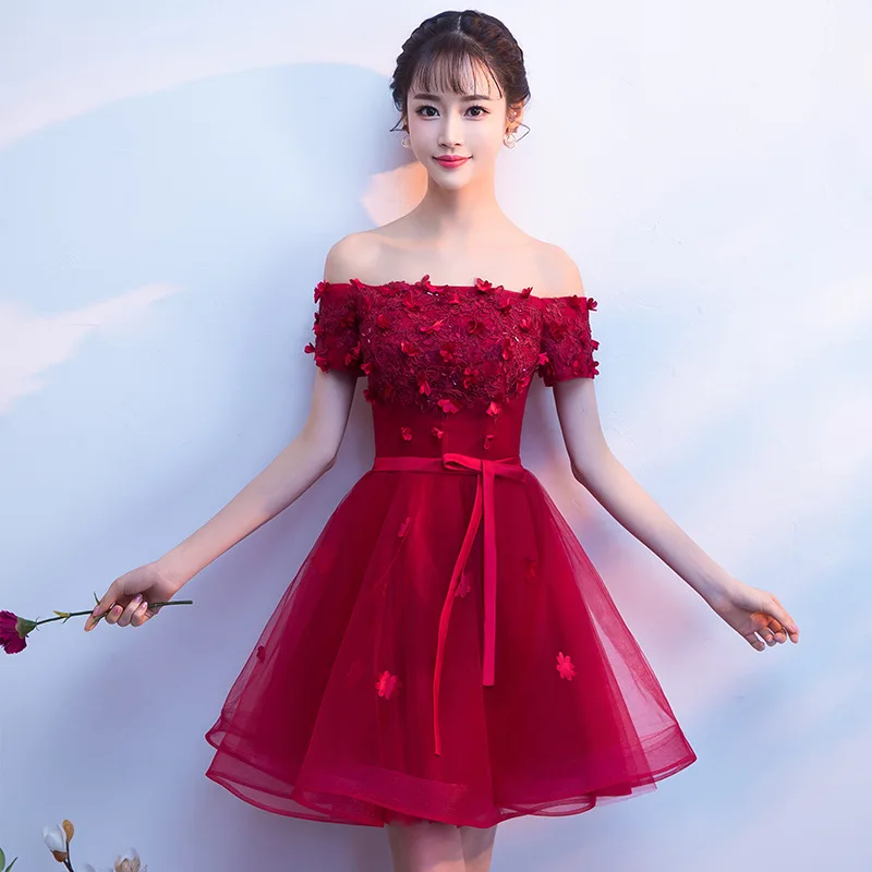 

Summer NEW Girl Flower Sexy Off Shoulder Mini Dress Slim Beauty Chiffon Princess Dresses Red Classic Bridesmaid Wedding Vestido