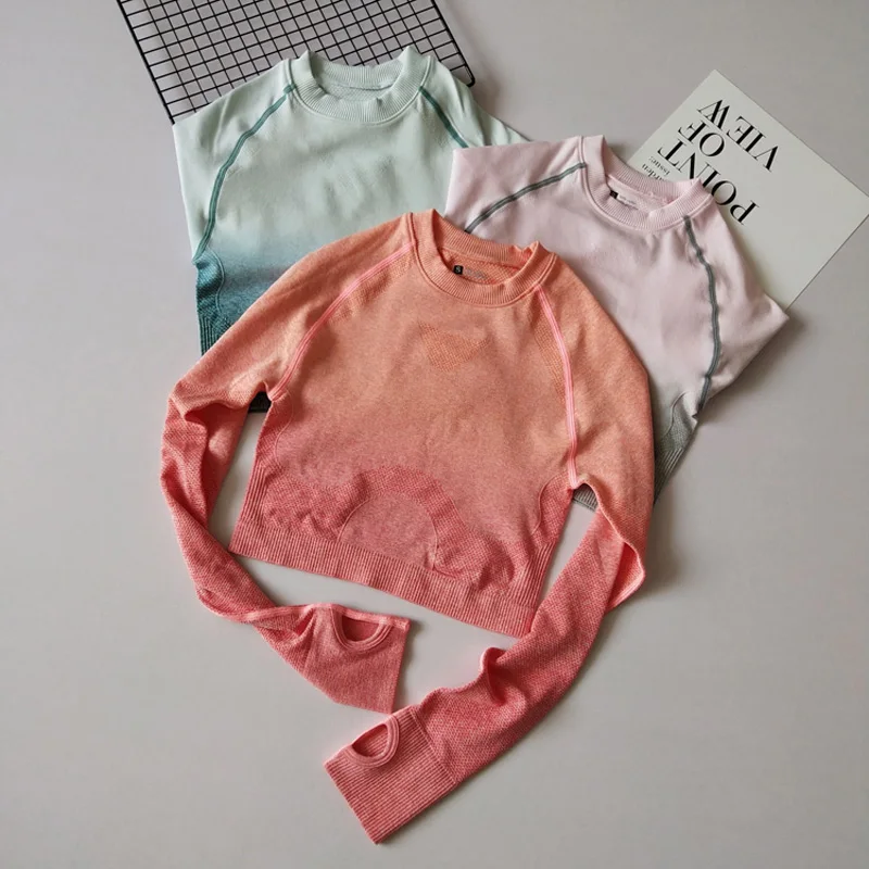 Autumn New Ombre Yoga Shirts Fitted Long Sleeve Sport T Shirt with Thumb Holes Seamless Fitness Crop Top Quick Dry Workout Tops Autumn New Ombre Yoga Shirts Fitted Long Sleeve Sport T Shirt with Thumb Holes Seamless Fitness Crop Top Quick Dry Workout Tops