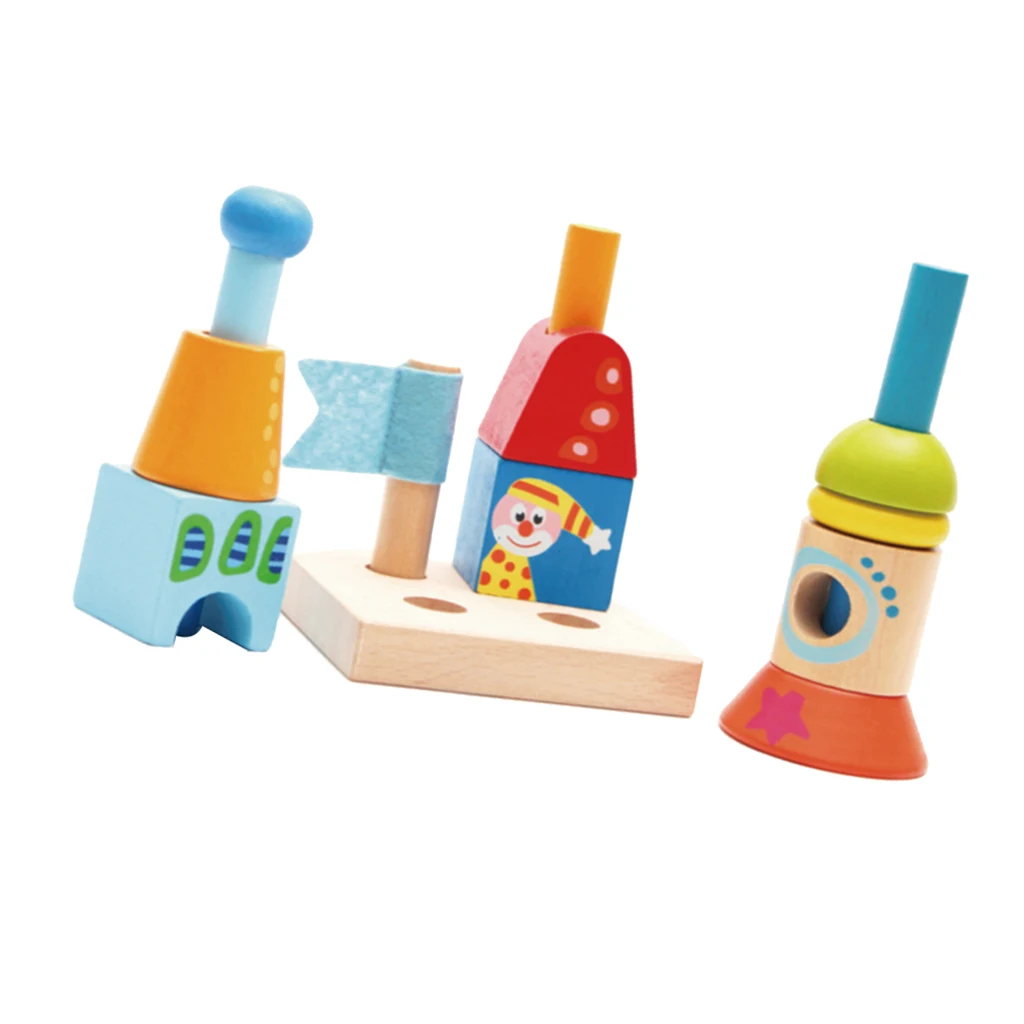 Wooden Rainbow Construction Building Block Desktop Assembly Cognitive Shape Color Toys