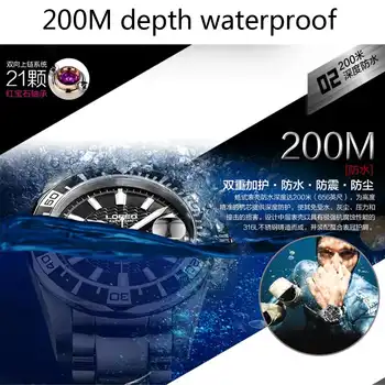 LOREO Mens Watches Top Luxury Brand Diving Series Waterproof 200M Stainless Steel Wristwatches Man Seagull Mechanical Watch