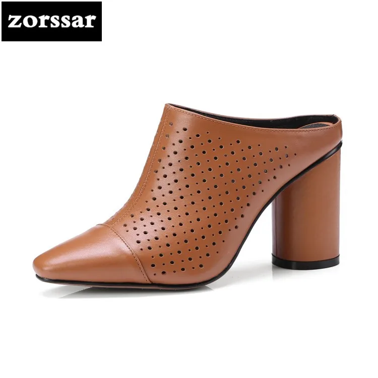 

{Zorssar} 2018 Pointed toe women mules shoes Genuine Leather High heels slippers sandals Women Slides Summer Female Footwear
