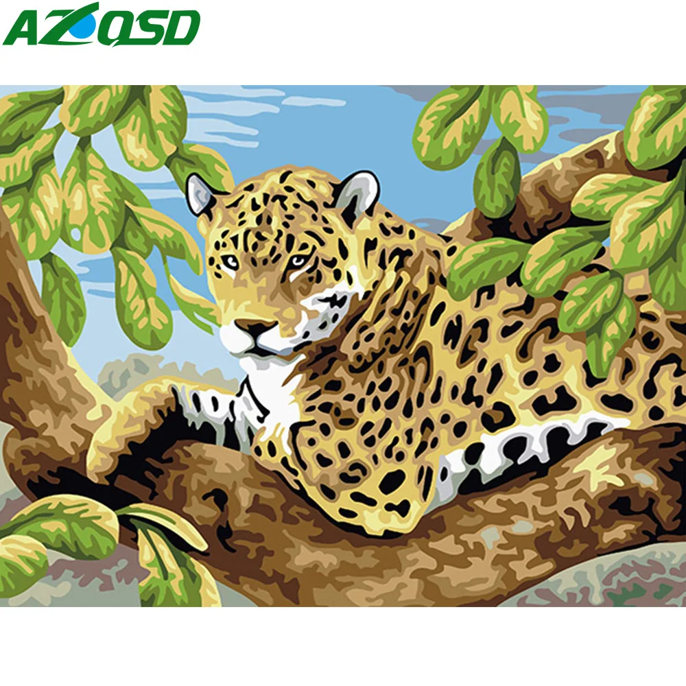 

AZQSD Hand Painted Oil Painting Animal Painting By Numbers Paint Leopard DIY Canvas Picture Home Decoration K072