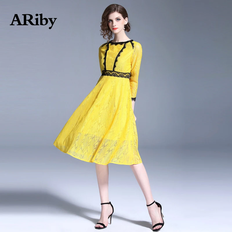 Women Dress Elegant Summer Lace Round Collar Dress 2019 Fashion High QualityPatchwork Three Quarter Sleeves Solid A-Line Dress