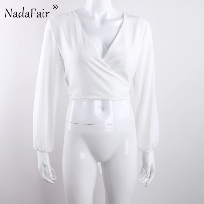 Nadafair, элегантная офисная шифоновая белая блузка, женские рубашки, v-образный вырез, сексуальная открытая спина, бант, вечерние блузки с длинным рукавом, женские топы