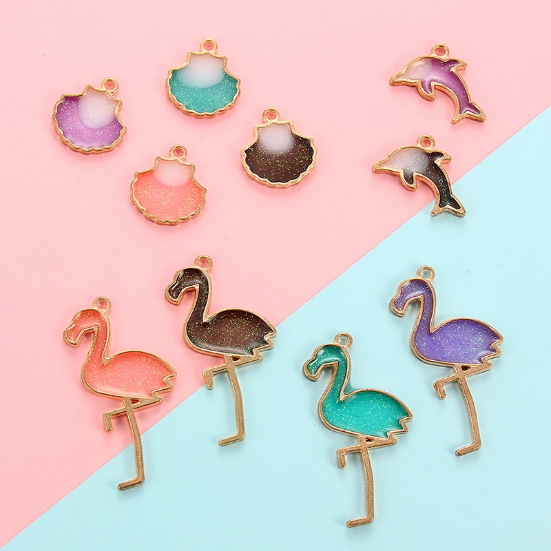10 шт многоцветные эмалевые подвески из сплава фламинго, Дельфина, очаровательные ювелирные изделия ручной работы для ожерелья, браслета, подвески