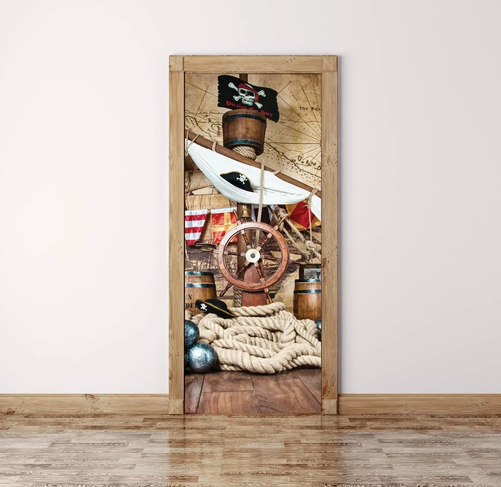 Mural de puerta creativo de dibujos animados de Barco Pirata, envoltura de  puerta de timón para niños, pegatina de puerta de pelar y pegar, papel  tapiz, decoración del hogar - AliExpress