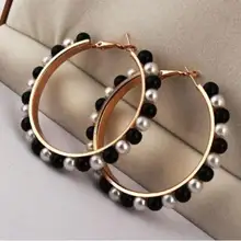 Для женщин девочек Ювелирная серьга-кольцо черный серьги с белыми жемчужинами с контактом из нержавеющей стали большой круг серьги-петли