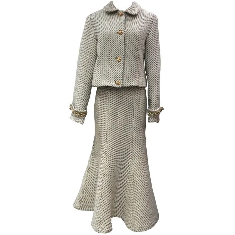 Plaid Tweed Tweedelige Set Vrouwen Wollen Kwastje Korte Jas Jas + Mermaid Rok Twee Set Plaid Tweed Tweedelige Set Vrouwen Wollen Kwastje Korte Jas Jas + Mermaid Rok Twee Set
