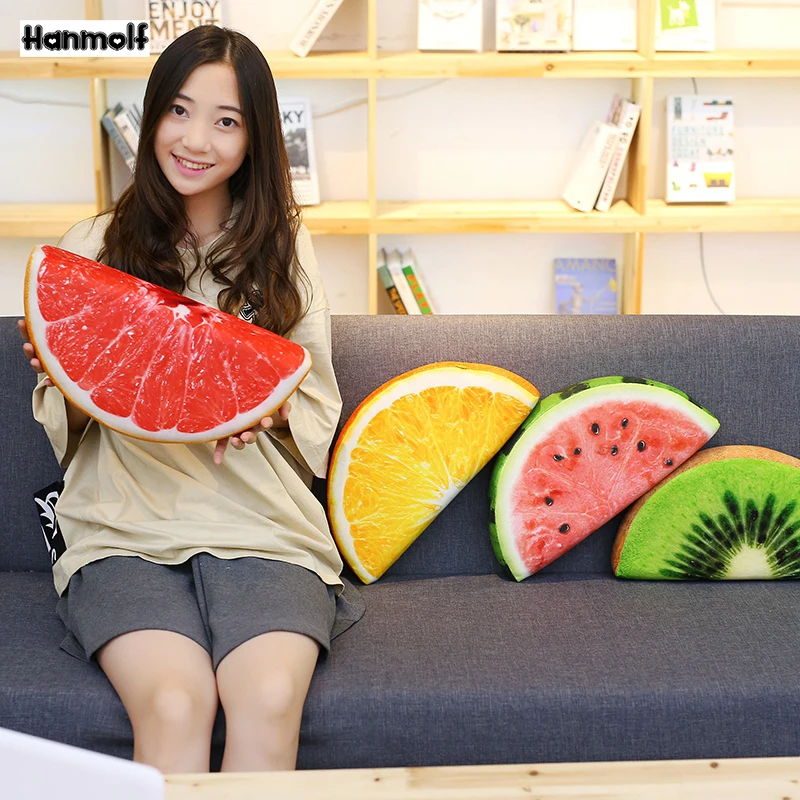 Реалистичная плюшевая подушка на пол четверти с фруктами, оранжевый грейпфрут, арбуз, киви, Декор, Летние фрукты, подушка на стул