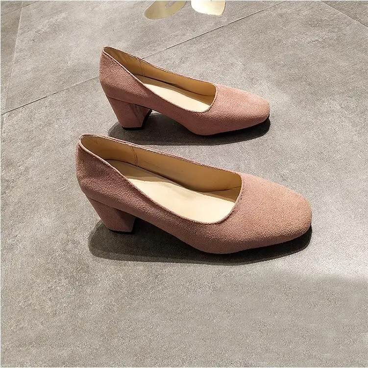 Décontracté Ol Carré Décontractés noir Pink Talons Printemps Med Talon Style Troupeau Sur Bureau Femmes 2019 Toe Automne Chunky Eoeodoit Escarpins Chaussures Slip 76P1WI
