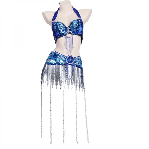 Belly Dance Peacock Bra Suit Sexy Tassel Beads Bra and Belt Set
