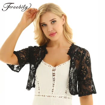 

Women Basic Coat 2019 Summer Style Women Perspective Shawl Fashion Floral Lace Boleros Half Bell Sleeve Coats Jackets Female