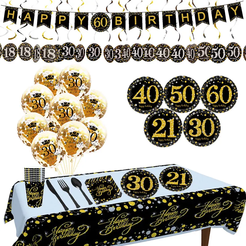 18/21/30/40/50/60th Happy Birhtday Party Tableware Sets Latex Air Confetti Balloon Plates Cups Napkin Tablecloth Supplies Decor