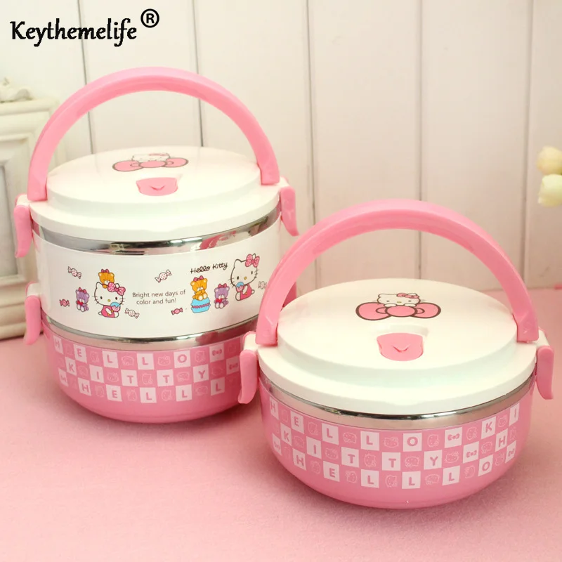 

Keythemelife Hello kitty Thermo Lunch Boxs Portable Food Container PP+Stainless Steel Kids Lunchbox for Students DF