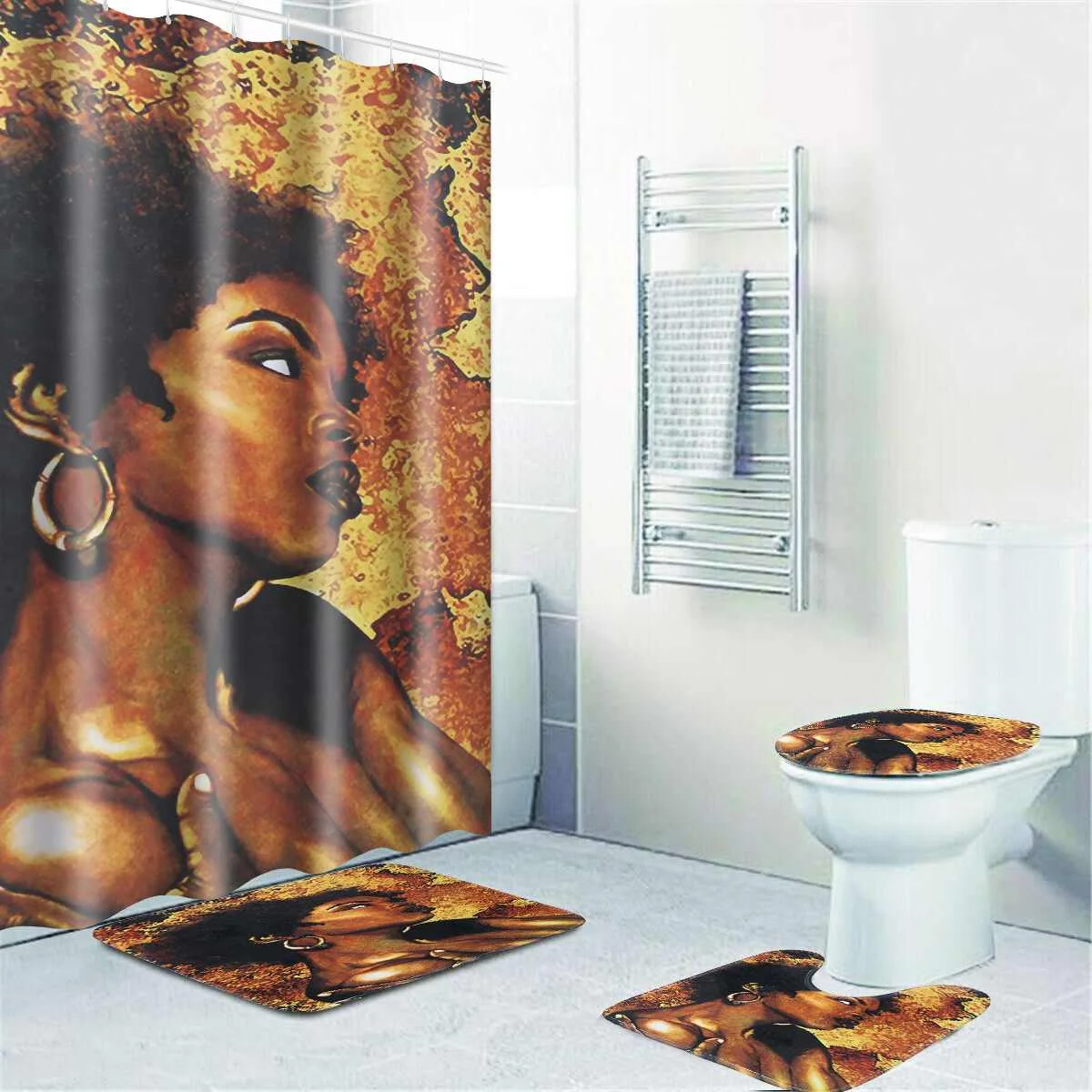 

African Girl Shower Curtain Bath Mat Toilet Pad Set Character Pattern Anti-slip Toilet Pattern Carpet Flannel Bath Mat