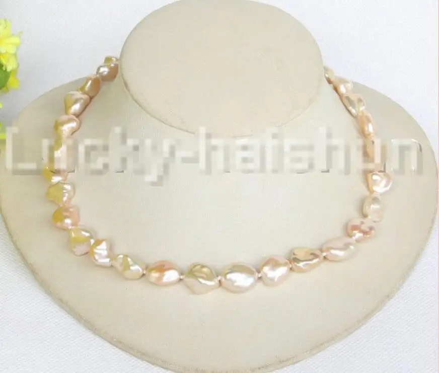 

Free shipping hot sale Women Bridal Wedding Jewelry >>luster 17.5" 14mm pink golden Reborn keshi pearls necklace