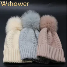 Очень теплая Зимняя шерстяная женская шапка из натурального Лисьего меха с помпонами, шапка с помпоном из меха норки, вязаная шапка Skullies