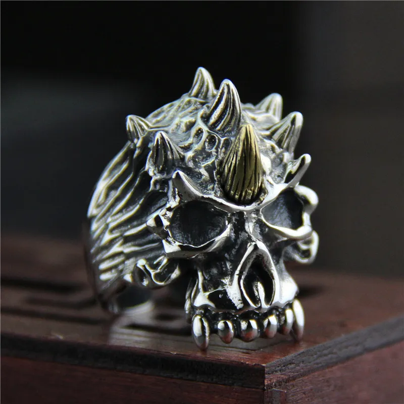 

C&R 925 Sterling Silver Rings vintage skeleton with gold horn ring for men and women Fine Jewelry Size 8-11 Adjustable