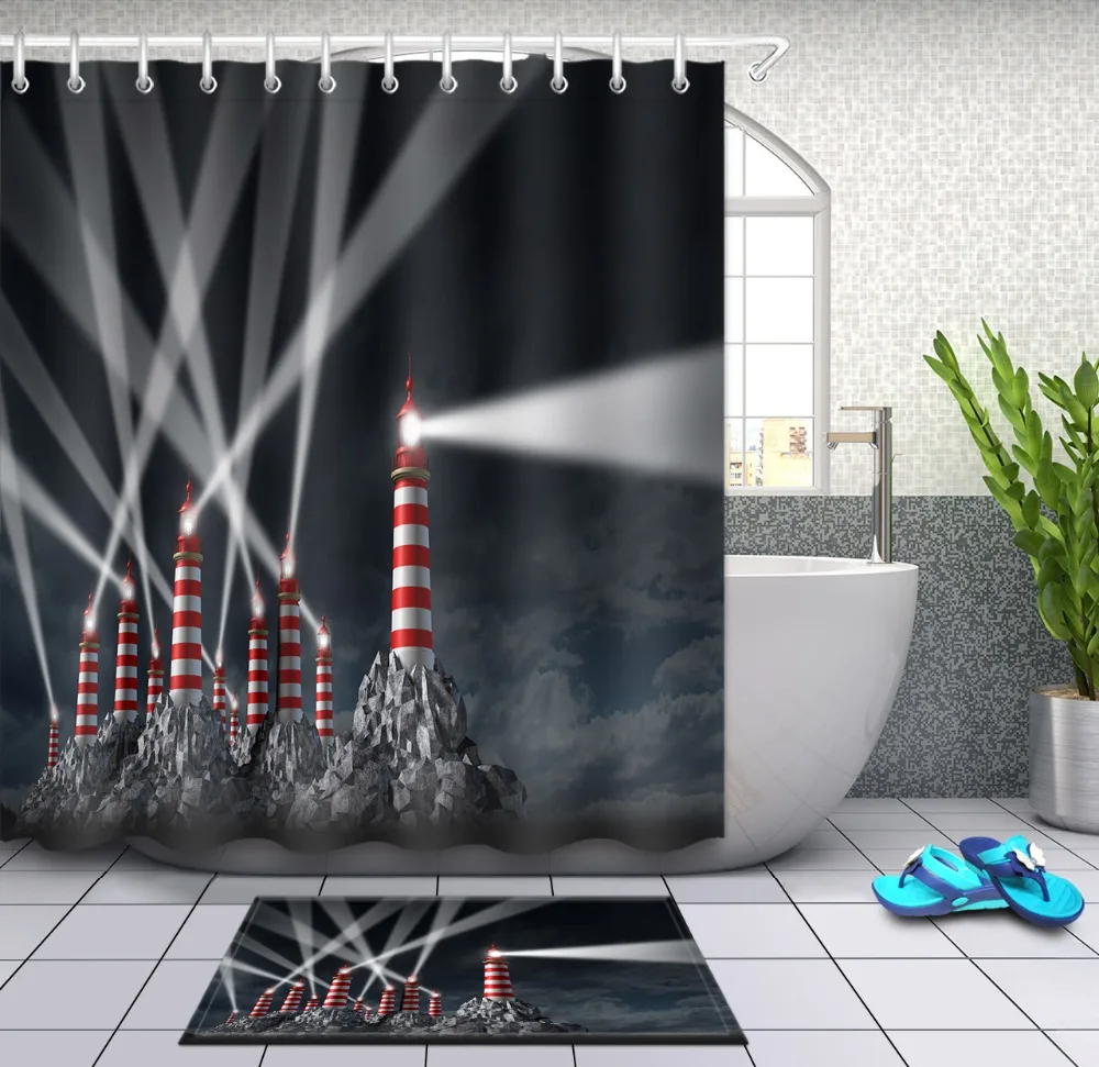 LB 72'' Black Light Shinning Lighthouse Red Tower Buildings Shower
