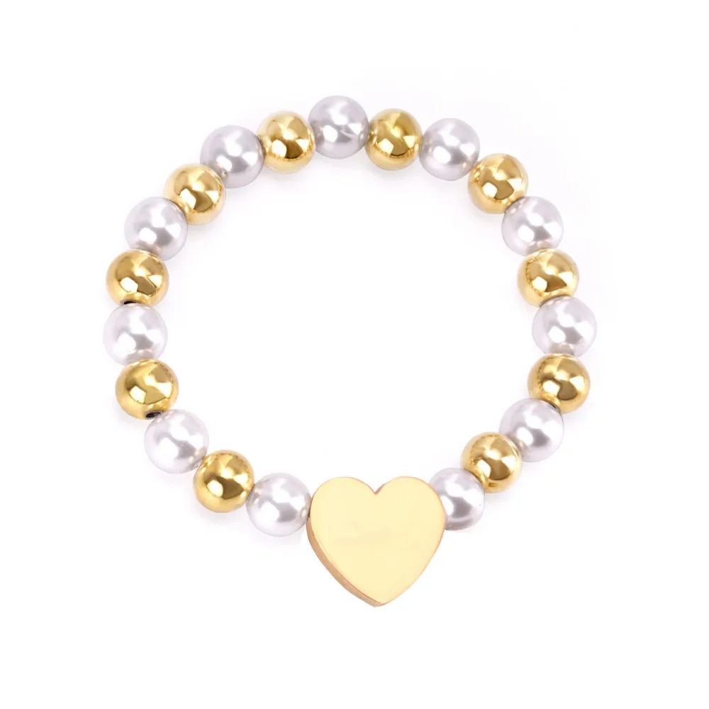 

LUXUSTEEL Love Heart Pendants Bracelets For Women Gold/Silver Ball White Imitation Pearl Fashion Beaded Bracelets Wholesale Gift