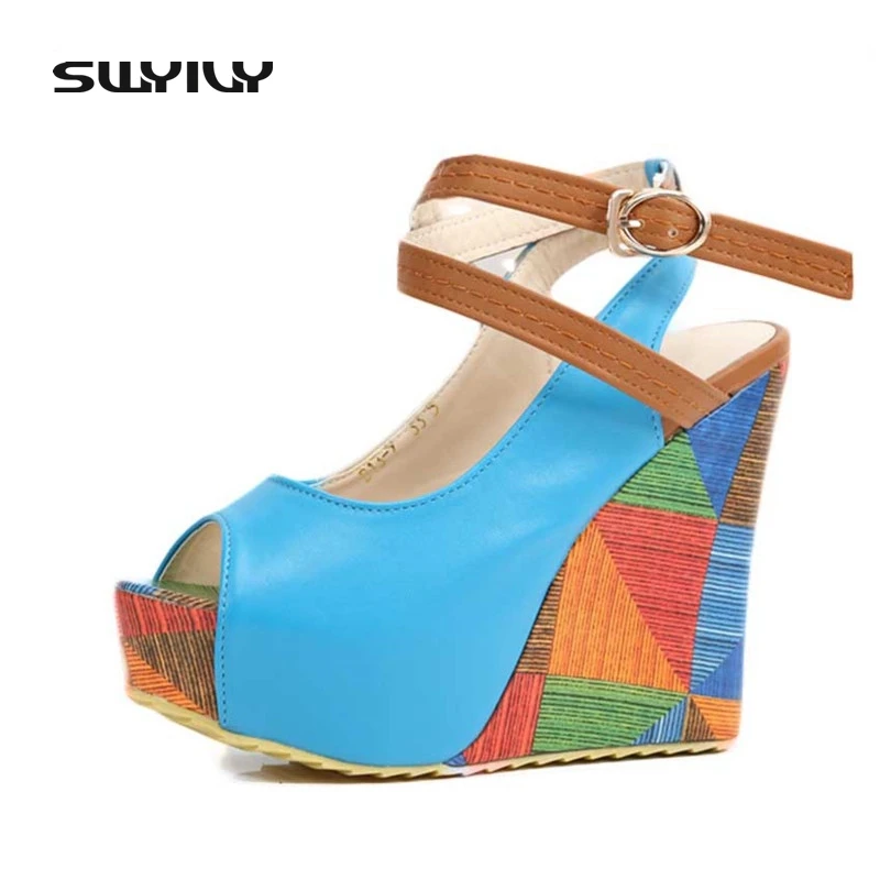 2017 Summer Platform Ankle Cross Strap Women Sandals High Heels Pump Small Size 33 Sweet Peep Toe Wedge Shoes Woman 5 Colors