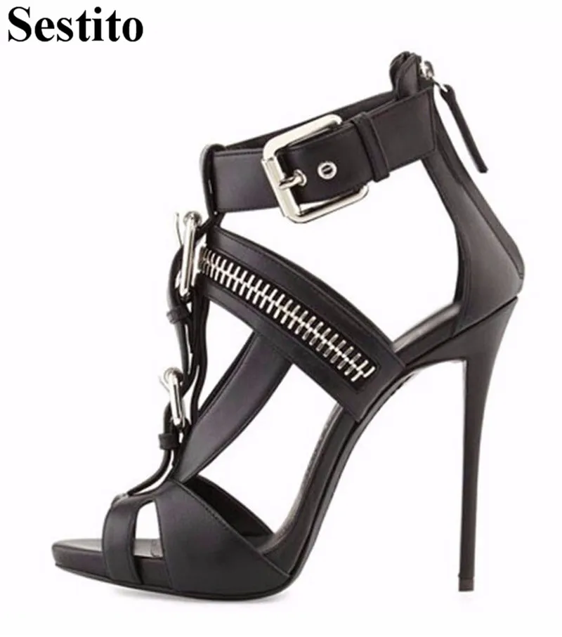 

Punk Black White T-tied Zipper Casual Sandals Peep Toe Super High Thin Heels Women Sandals Zip Cover Heel Summer New Women Shoes