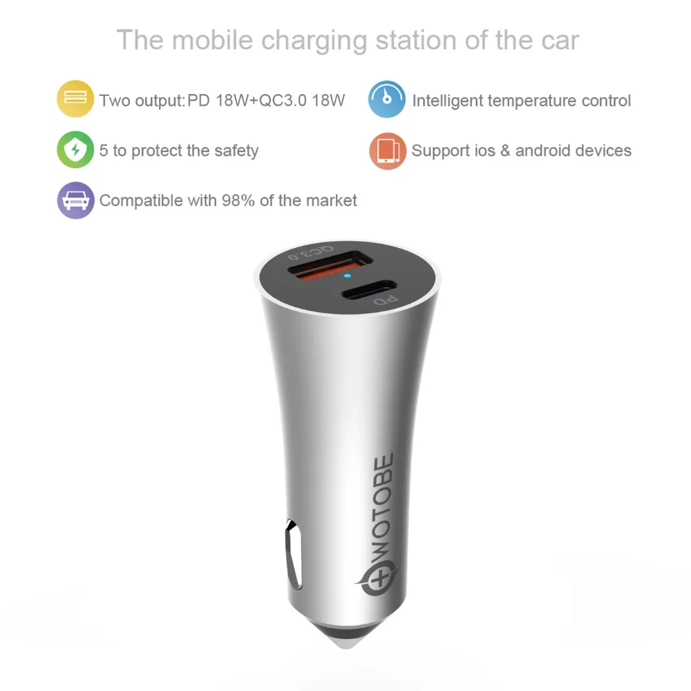 2-портовый Quick QC3.0+ PD 18W адаптер для быстрого автомобильного Зарядное устройство 36 Вт Мощность металлический Алюминий сплав Материал для iPhone/iPad/pixel/samsung/huawei/XIAOMI