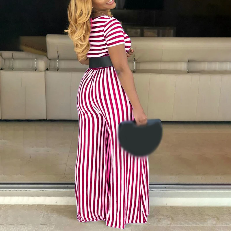 

2019 Women Solid Wide Leg Jumpsuit Pleated High Waist Short Sleeve Bodysuit