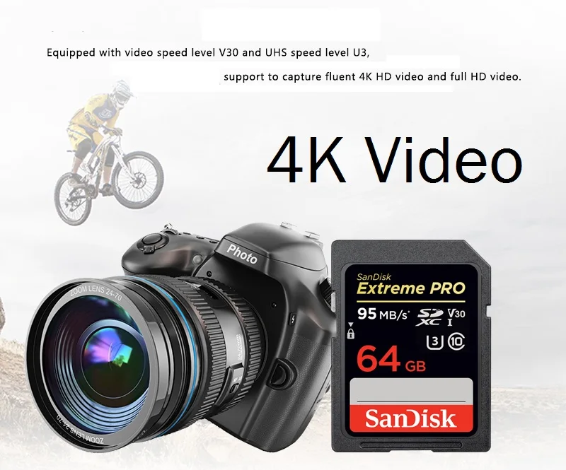 Двойной Флеш-накопитель SanDisk 32GB Extreme PRO SD card 64 ГБ, карта памяти, 128 ГБ Sdcard 256 ГБ, класс скорости 10 UHS-I высокое Скорость 95 МБ/с. V30 DSLR sd 32