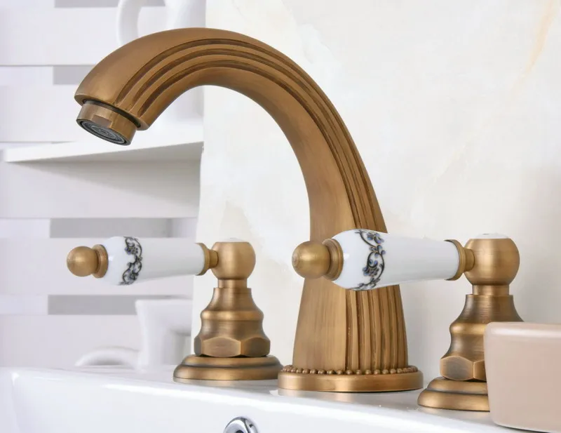 

Antique Brass Dual Ceramic Flower Levers Handles Widespread 3 Hole Install Bathroom Sink Basin Faucet Mixer Taps aan071