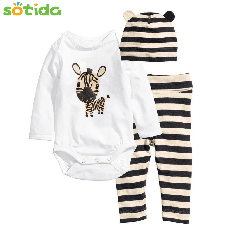 

2019 New Cotton Children Casual Cartoon Baby Boys Girls Sets Clothes 3pcs(Long-Sleeved Romper+Hat+Pants)Children Clothing