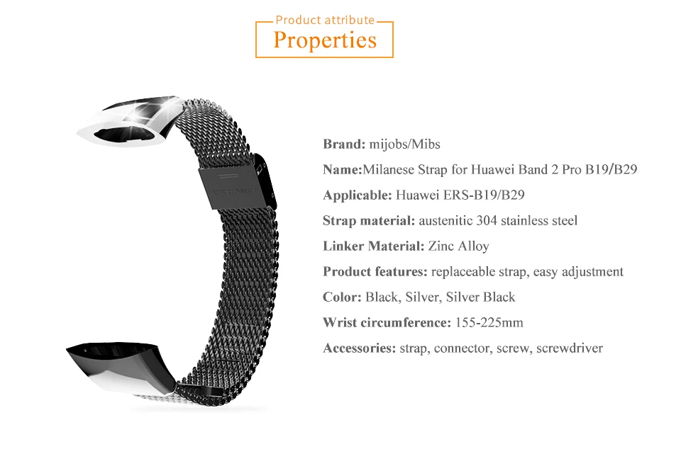 Mijobs металлический B19 B29 ремешок для huawei Band 2 Pro спортивный браслет умные аксессуары браслеты для huawei Band 2 ремешок умные часы